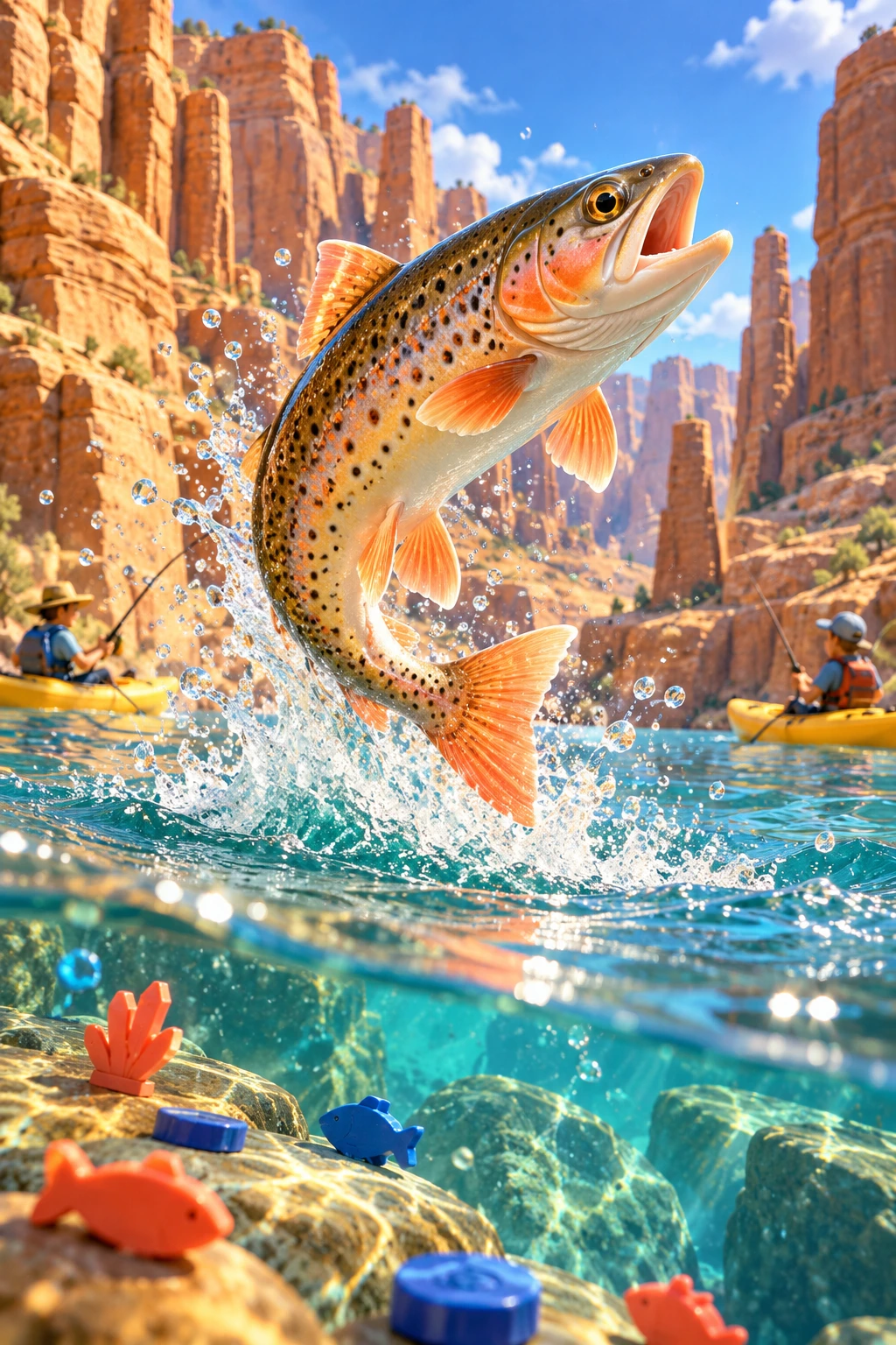 A copper spotted trout jumping between sandstone cliffs