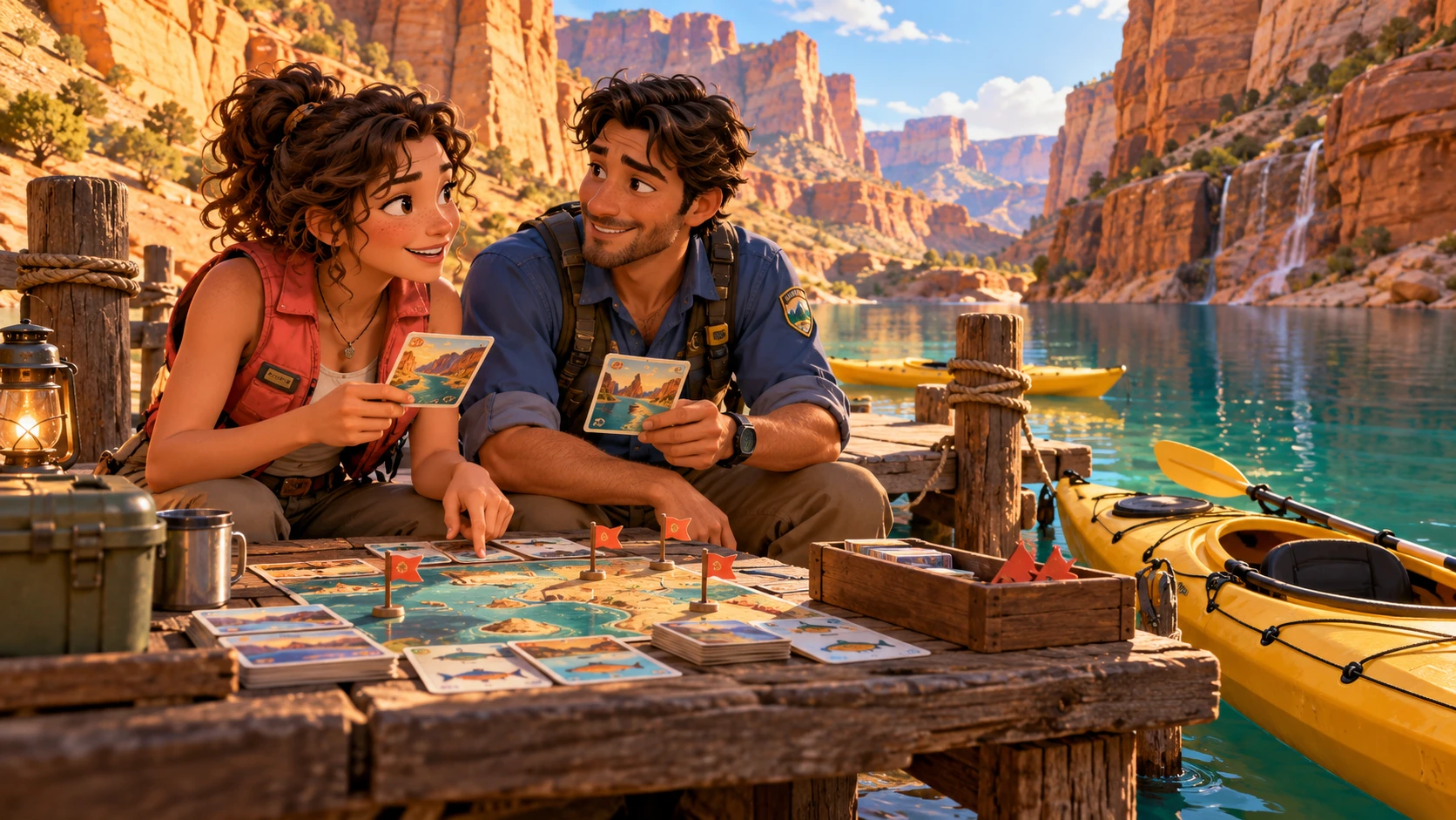 Bea and Flynn laying out a task folio on a canyon dock