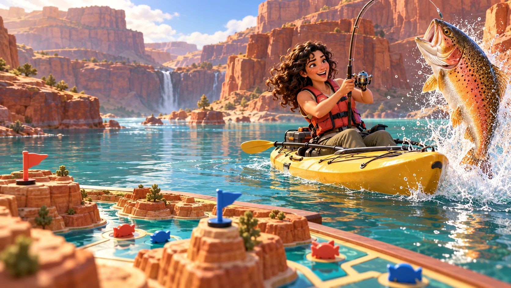Bea kayaking beside a copper trout through the sandstone reservoir