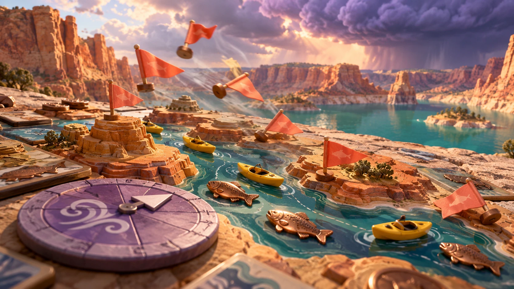 Wind lifting flags across a canyon game board under a dramatic sky