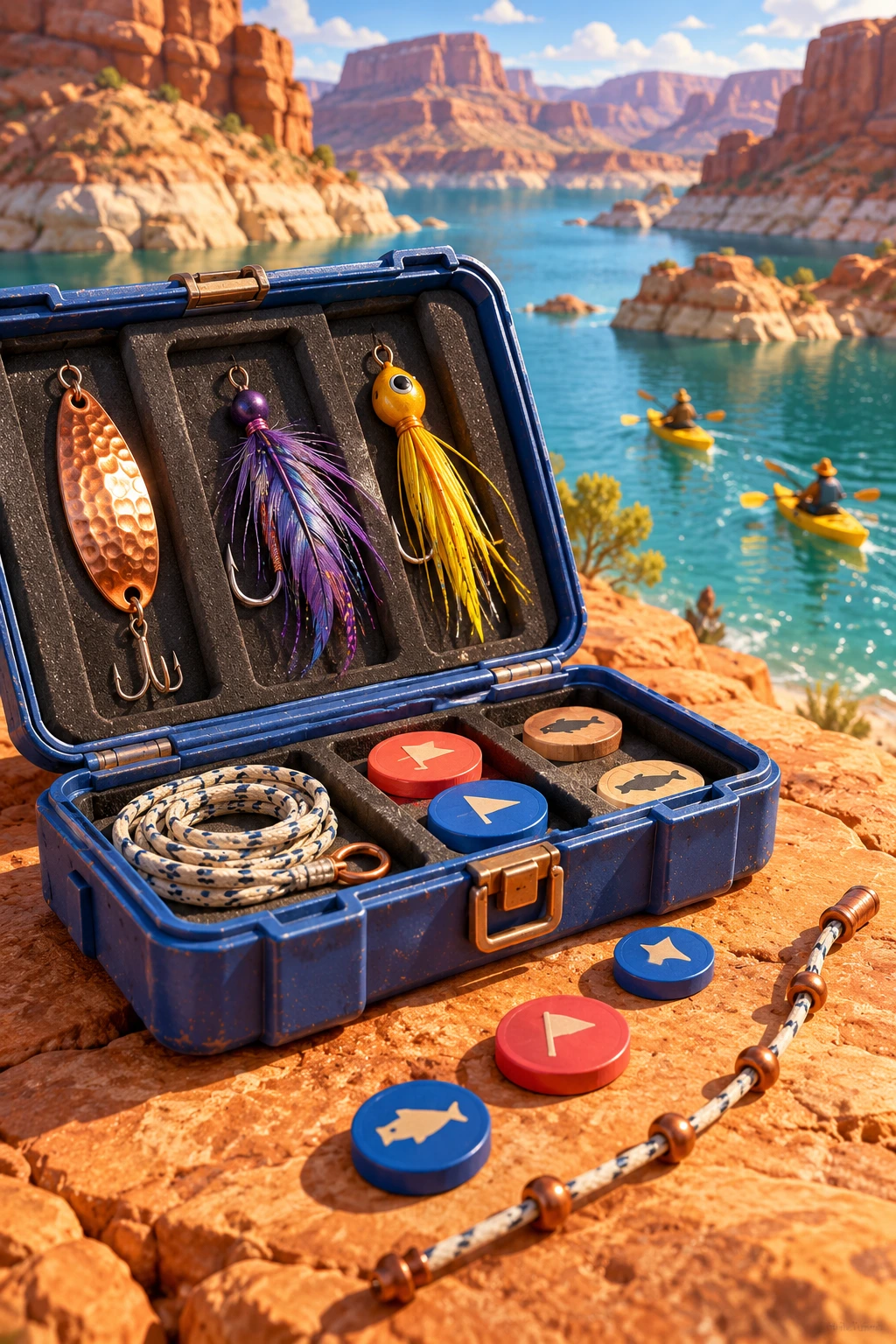 Three bright lures arranged in a cobalt case on sandstone