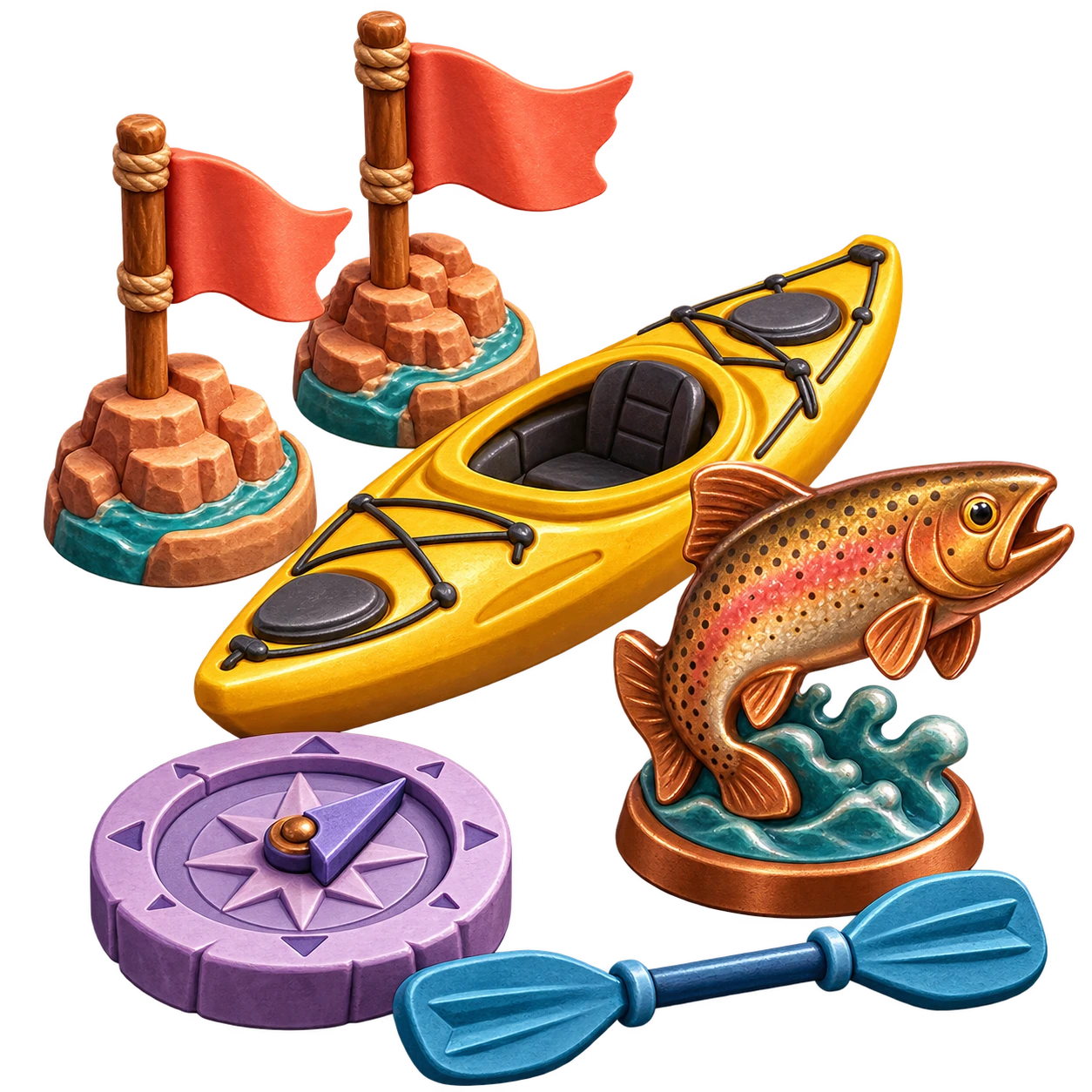 Yellow kayak, coral flags, copper trout and wind dial tokens